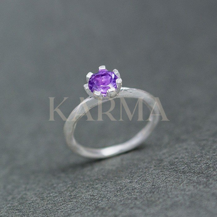 Rhodium Plated Sterling Silver Ring with Natural Amethyst